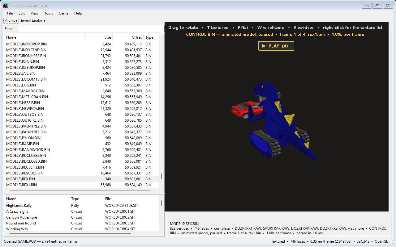 REX.BIN previewed: frame 1 drawn, with a banner across the top of the viewport saying so and a PLAY control beneath it