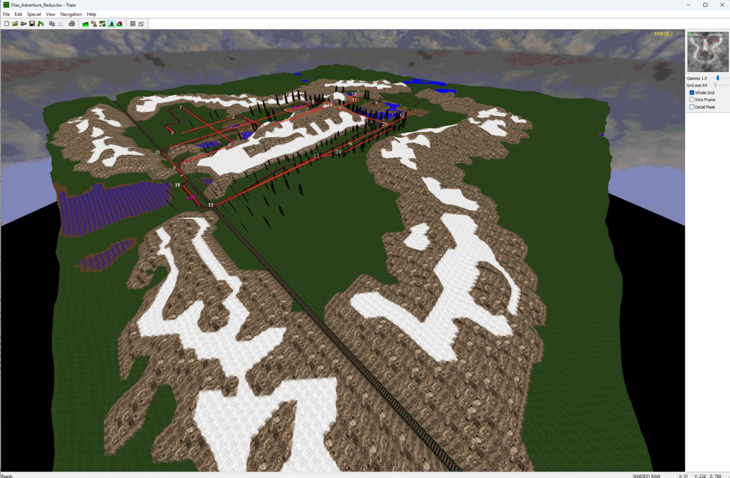 Traxx with Whole Grid switched on: an entire 256x256 track visible at once, its far edge at the horizon