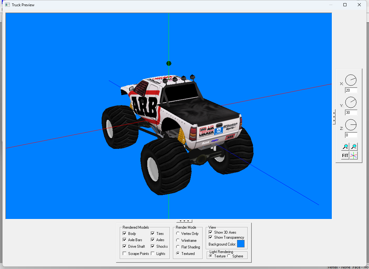 BinEdit's truck preview: a textured monster truck with body, tires, axles and shocks, beside the render-options panel