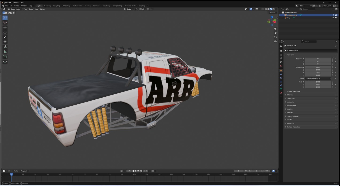 The same truck body opened in Blender 5.2 from a glTF export, textures intact, the outliner showing ARBMon.BIN