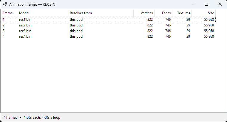 The animation frame list, naming each frame model and the pod it resolved from