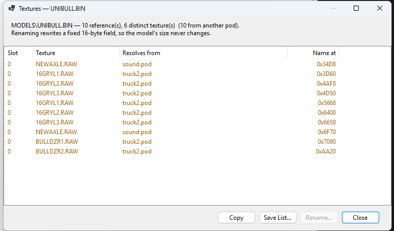 The texture list, showing each texture the model names and the pod it resolved from