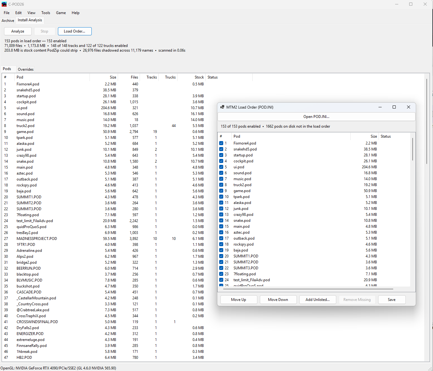 The Install Analysis tab: a summary line, the per-pod table, and the overrides list beneath it