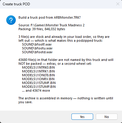 The build confirmation, listing how many files will be packed and which are stock, missing or unreferenced